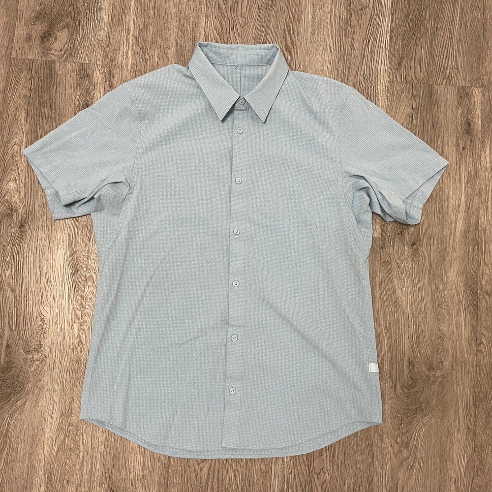Lululemon Shirt Mens Large Blue Button Down Short Sleeve Textured Grid Top